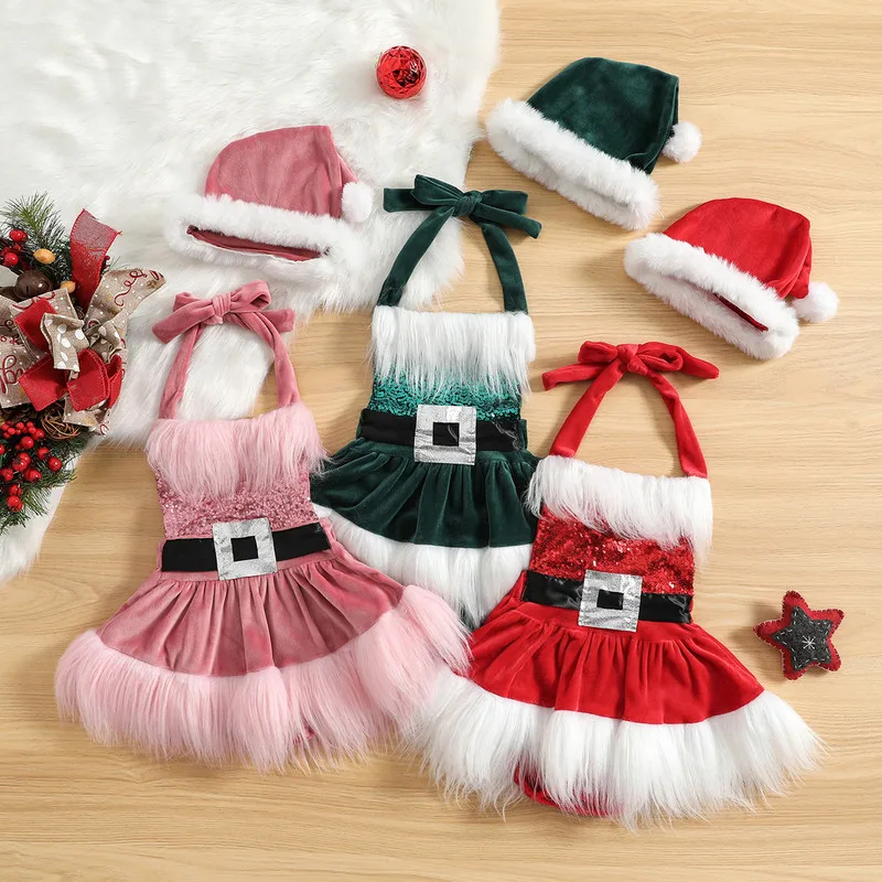 

Christmas Baby Girl Clothes Newborn Bodysuit Sequins White Plush Trim Patchwork Halterneck Sleeveless Jumpsuits 3 to 24 Months