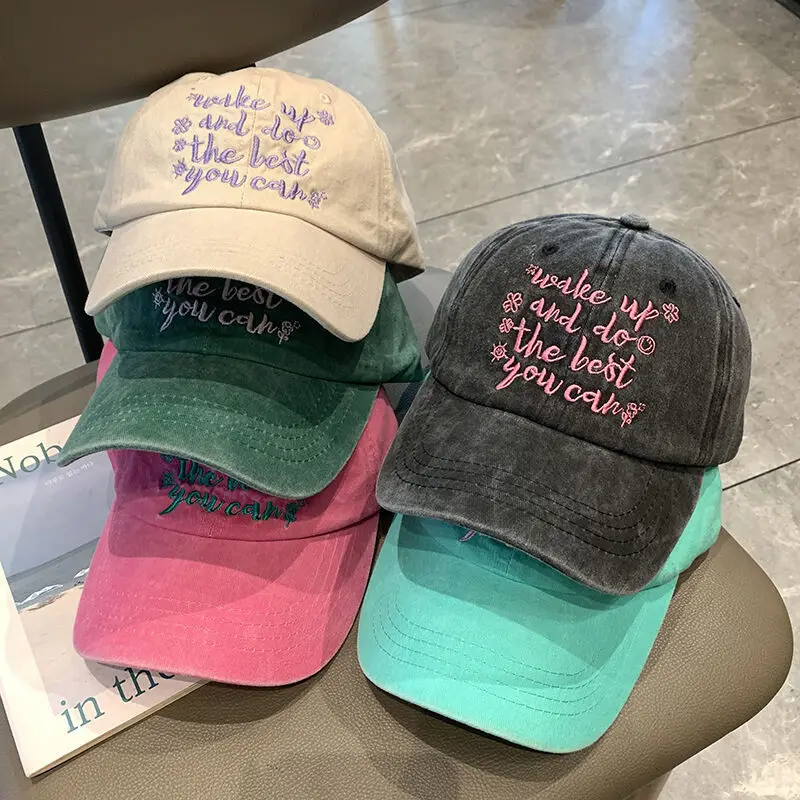 여성용 씻어 면화 야구 모자 자수 편지 Snapback Peaked Hat For Lady Girl JK 한국어 Y2K 야외 선 바이저 모자