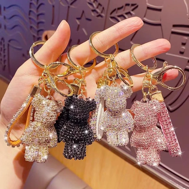 Alta qualidade strass strass urso animal chaveiro pulseira de