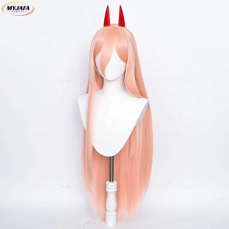Hochwertige Anime Makima Power Cosplay Perücke Lange Orange Rosa Hitzebeständige Kunsthaar Party Rollenspiel Perücken + WigCap + Hörner – Detail 8