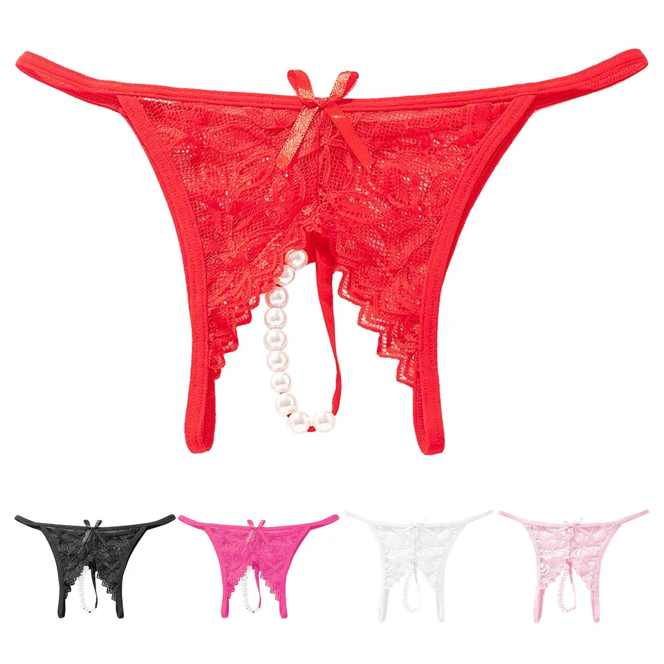 Women Pearl Massage Lace Crotchless Thong Panties