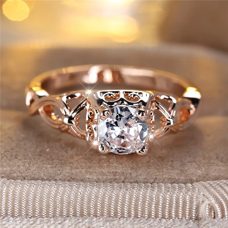 Cute Female White Round Zircon Stone Engagement Ring Vintage Rose Gold Color Wedding Jewelry For Women