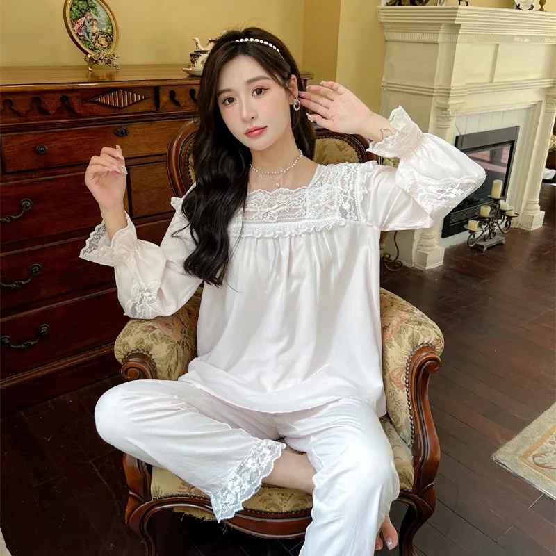 New Sweet Lace Viscose Long Sleeve Pajama Sets For Women White Lace Elegant  Loose Sleepwear Comfortable Homewear