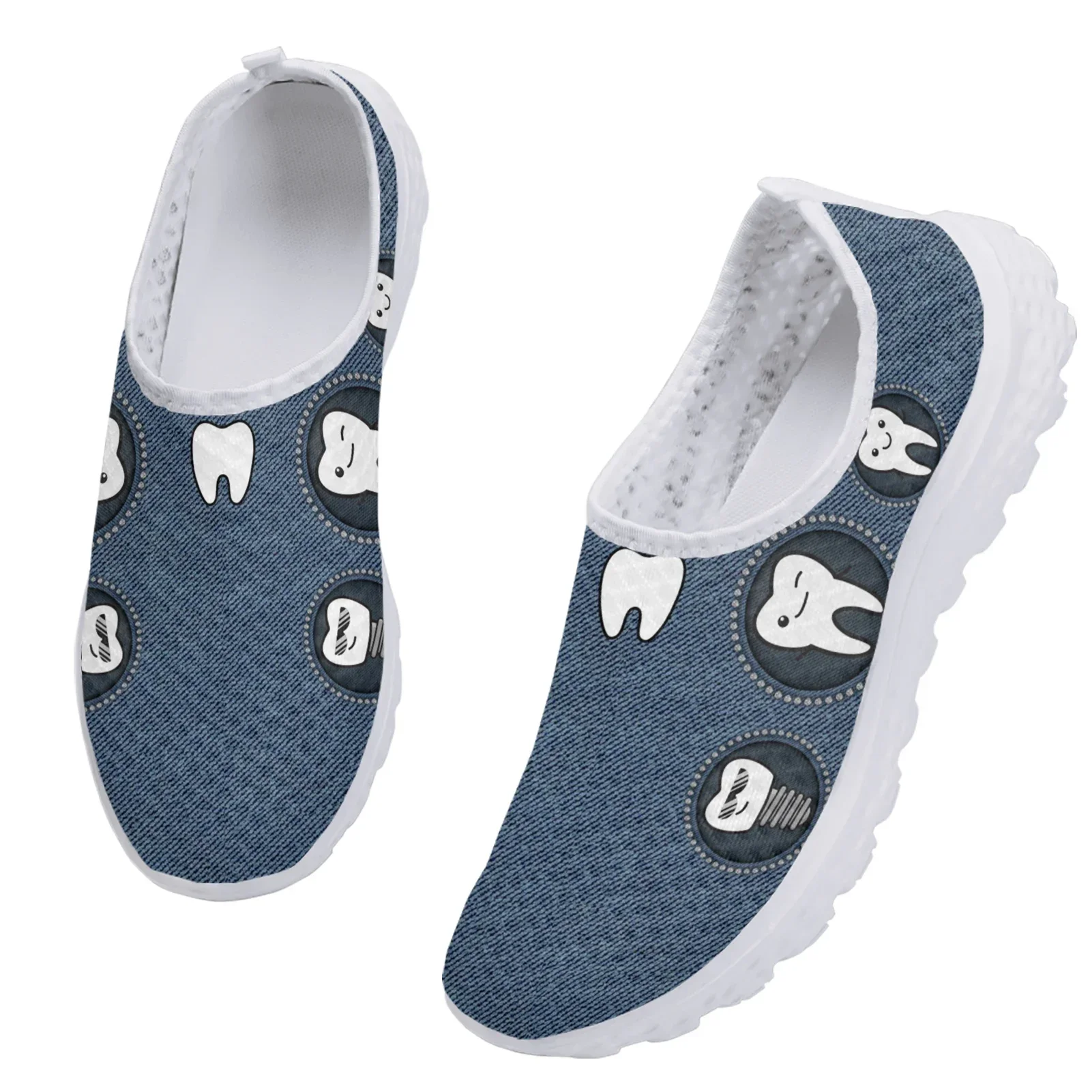 Cartoon Teeth Print Ladies Casual Slip On Dental Flats Comfortable Summer Breathable Mesh Shoes Zapatos Mujer