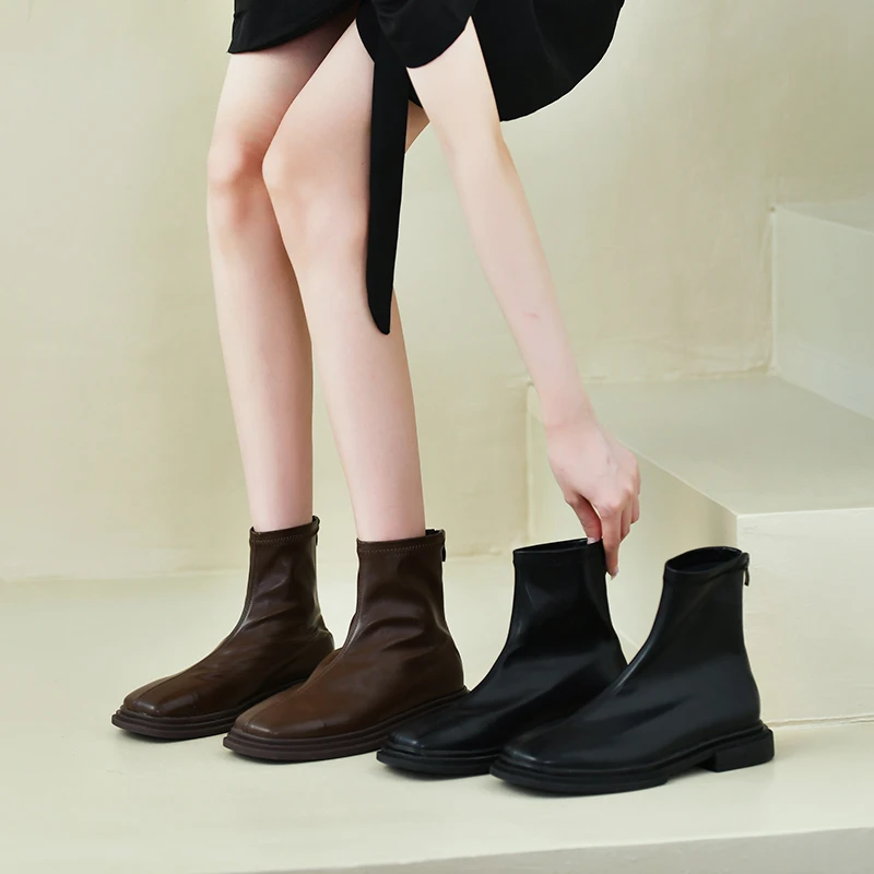 Women Vintage Square Toe Ankle Boots Thick Heels Short Boots New Fashion Autumn Winter Shoes Women Elastic Soft Shoes Footwear
