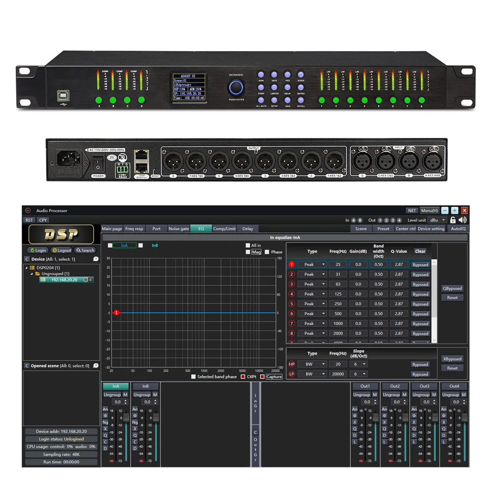 Paulkitson PDA0408RTS 디지털 오디오 프로세서 4입력 8출력 32비트 ADC 및 24비트 DAC 96KHz FIR 자동 EQ 전문 스피커 관리 AES/EBU PC 소프트웨어 제어