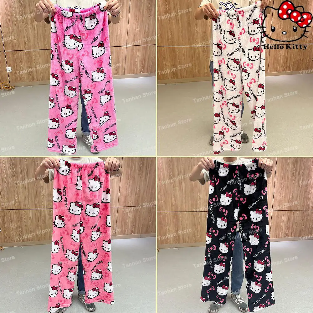 산리오 헬로 키티 잠옷 바지, 귀여운 애니메이션 가을 겨울 따뜻한 가정 의류, 멀티 스타일 Y2K 플란넬 캐주얼 바지, 소녀 선물