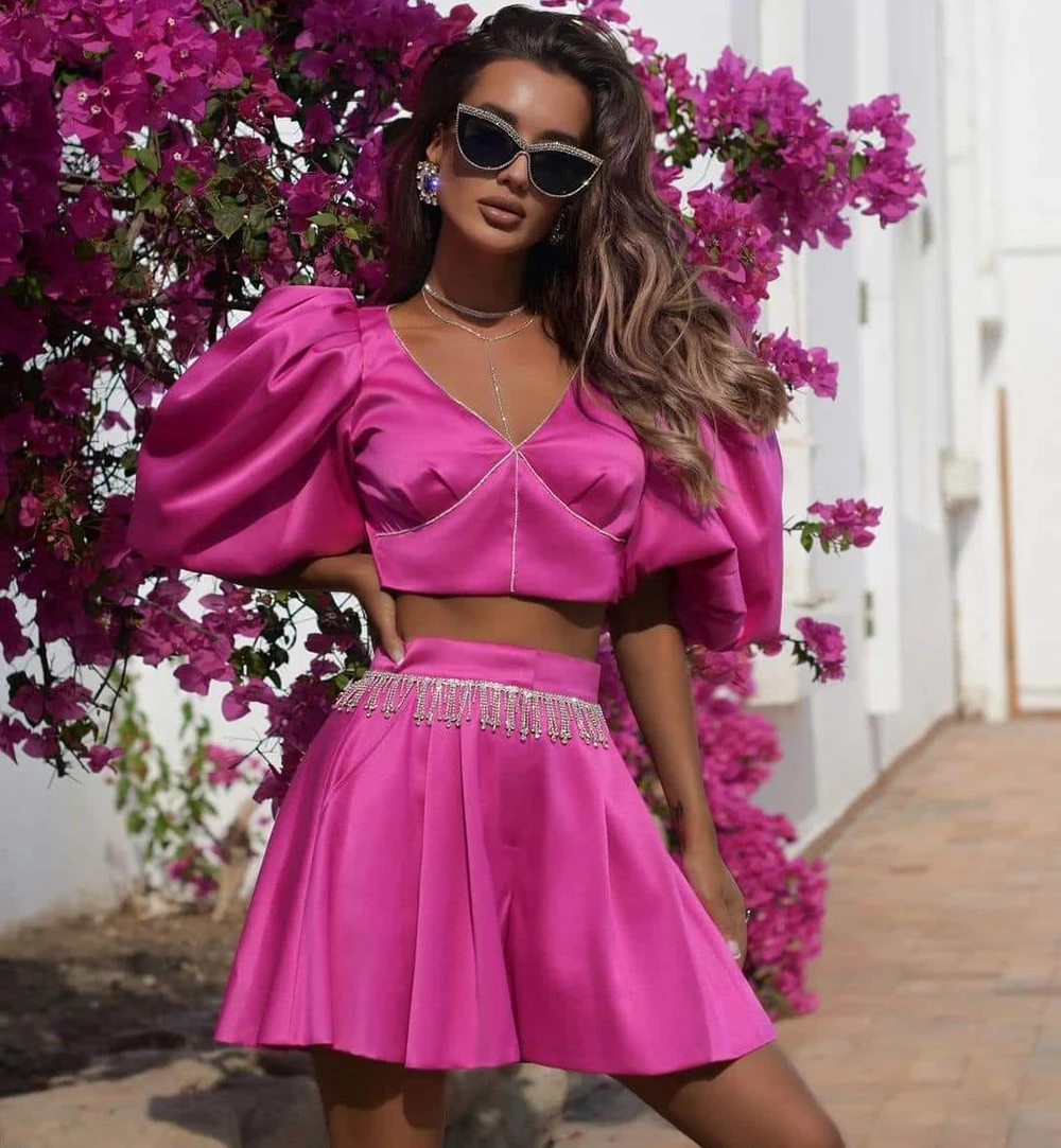 

Summer 2023 Women's Bohemian Shorts Set Solid Color Slim Fit Set Women's Sexy Short Top Diamond Tassel Set 2-Piece Set