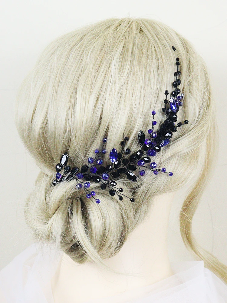 Black Blue Crystal Wedding Hair Accessories for Halloween
