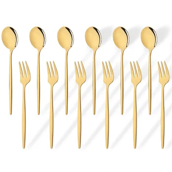12 pezzi in acciaio inossidabile specchio forchetta cucchiaio oro set forchetta torta snack insalata caffè forchetta da frutta cucchiaio posate set di stoviglie da cucina 1