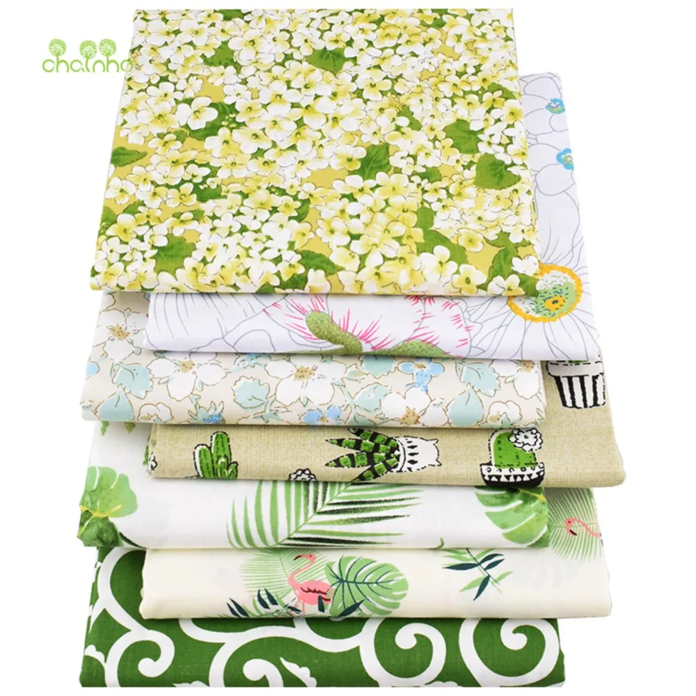 Chainho,Printed Twill Weave Cotton Fabric,DIY Sewing Quilting Material,Patchwork Cloth,7 Green Floral Series,2 Sizes,15C265