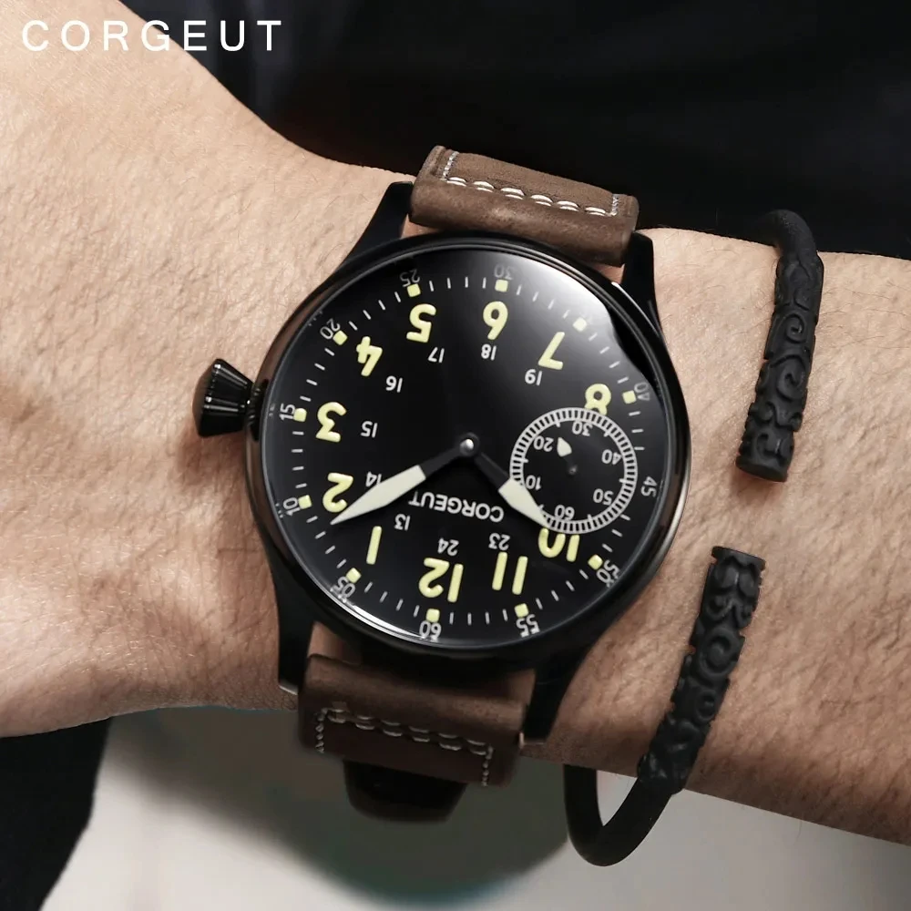 Mechanical Watch Corgeut 44mm Leather Luminous Mechanical Hand Winding Watch for Men 17 Jewels ST3600 Seagull 6497 Movement Sport Wristwatches