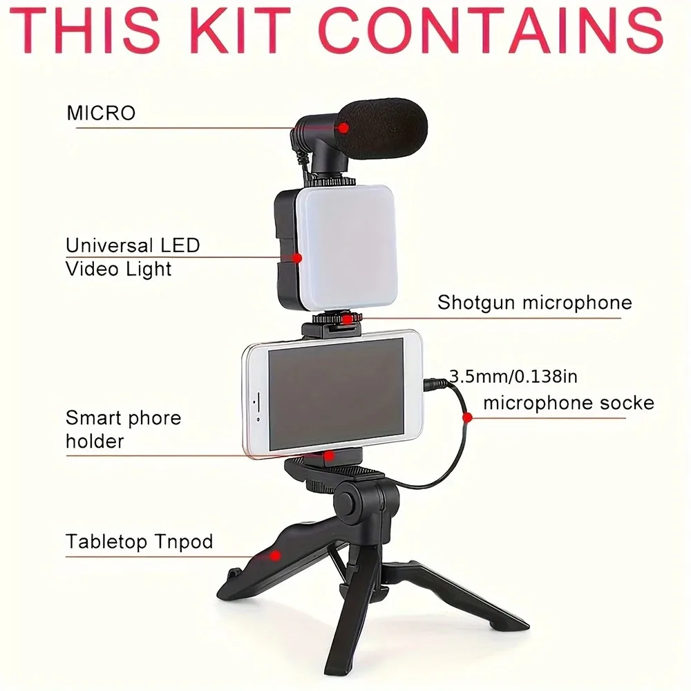 STTKGZD Smartphone Vlogging Kit With Tripod Phone Holder Mini Microphone Fill Light Starter Handle Portable Stabilizer Bracket 5