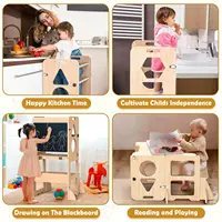 Foldable Wooden Kitchen Step Stool with Blackboard for Toddlers, Convertible Table Chair Set, Safe Gift 4