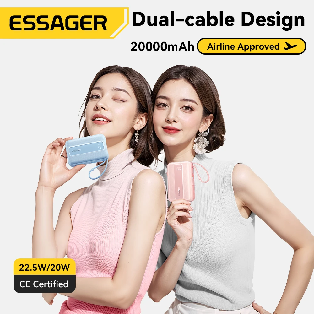 Essager 20000mAh Type C Cable Power Bank PD 22.5W Fast Charging Phone External Battery for Xiaomi iPhone 17 16 15 Samsung iPad