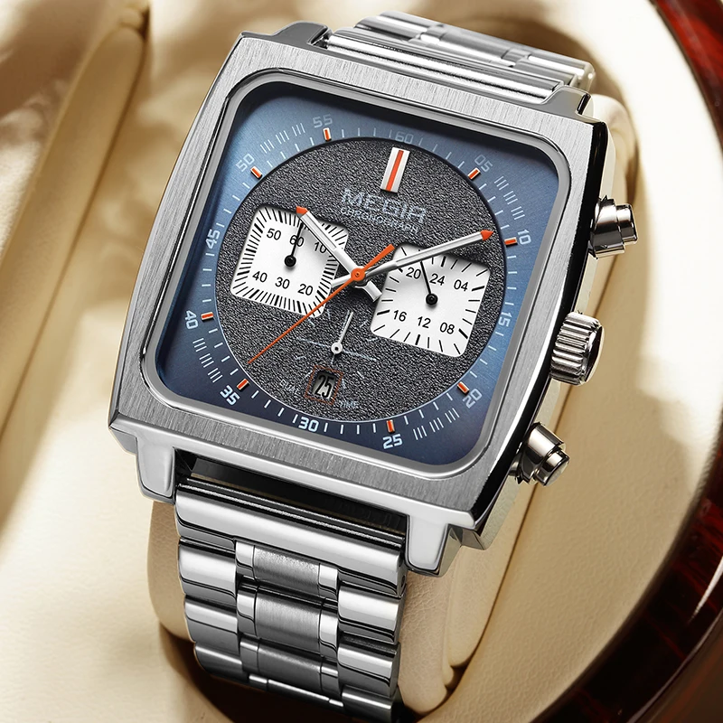 

MEGIR New Square Quartz Watches for Men Top Brand Luxury Stainless Steel Military Mens Watch Chronograph Clock Relogio Masculino