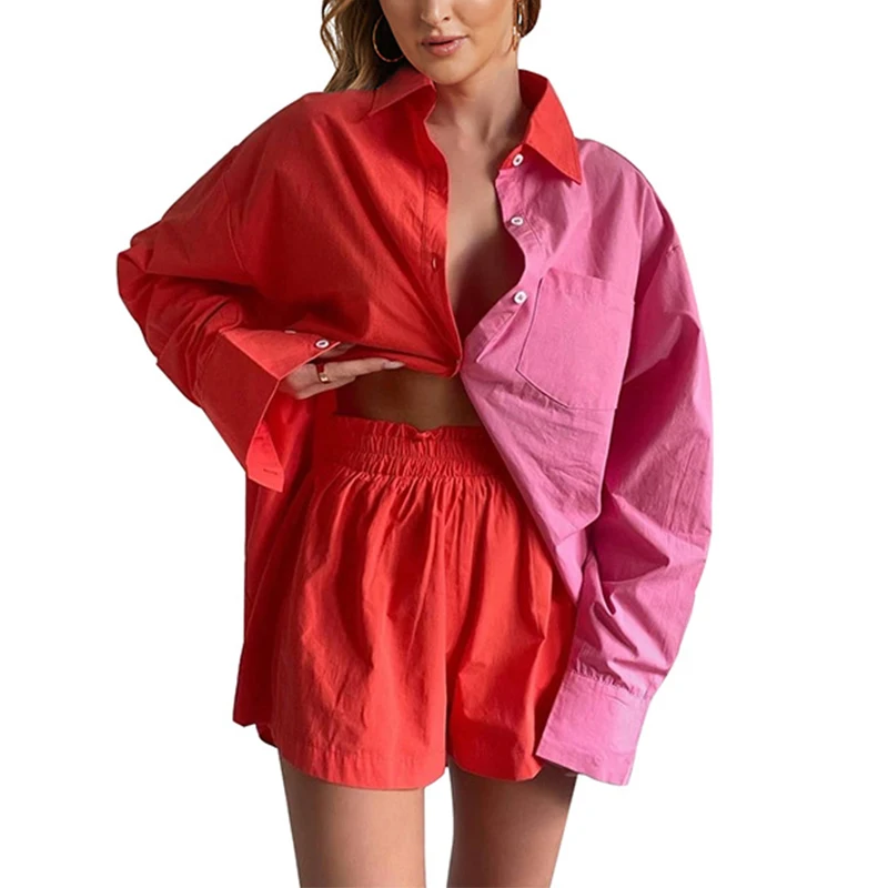 Colorblock 2 Piece Shorts Sets Summer Pockets Shirts Women Clothes Long Sleeve Button Tops High Waist Fashion Casual Clothing