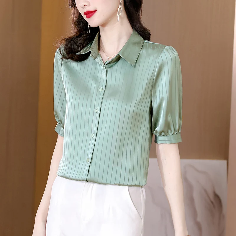 

2023 Summer Women Shirt New Office Lady Solid Shirts Fashion Stripe Short Sleeve Blouse Female Satin Working Clothes Womens Tops