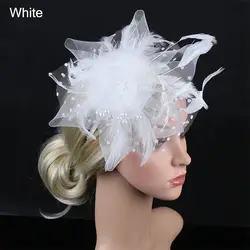 Elegant Women's Mesh Flower Feather Fascinator Headband and Hair Clip (White)