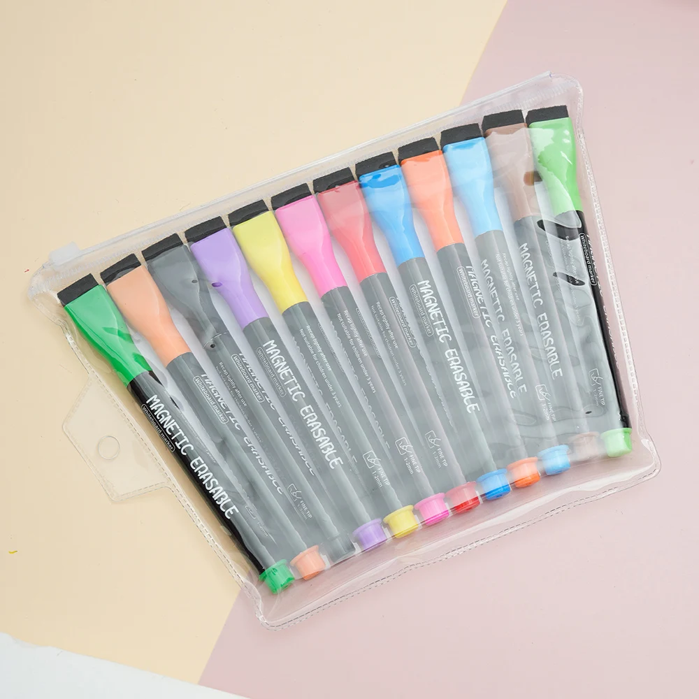 12pcs 자기 지울 수있는 마커 건조 지우기 형광펜 펜 달력 계획 보드 화이트 보드 창 마킹 냉장고 펜