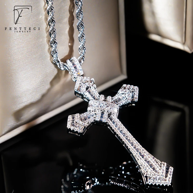 925 Sterling Silver European And American Cross Necklace For Men And Women With Trapezoidal Square Diamonds
