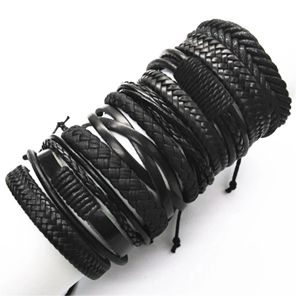 10 Stks/set Black Wrap Geweven Nieuwe Mode Handgemaakte Mannen Armbanden Mannelijke Vrouwen Lederen Armbanden Mannen Armband Groothandel Sieraden Gift