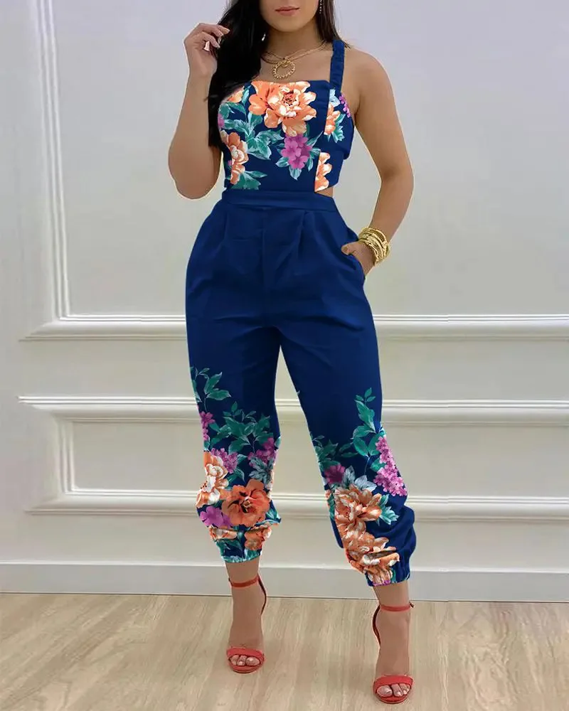 Summer Fashion Print Sexy Backless Jumpsuit Women's New Casual Beach