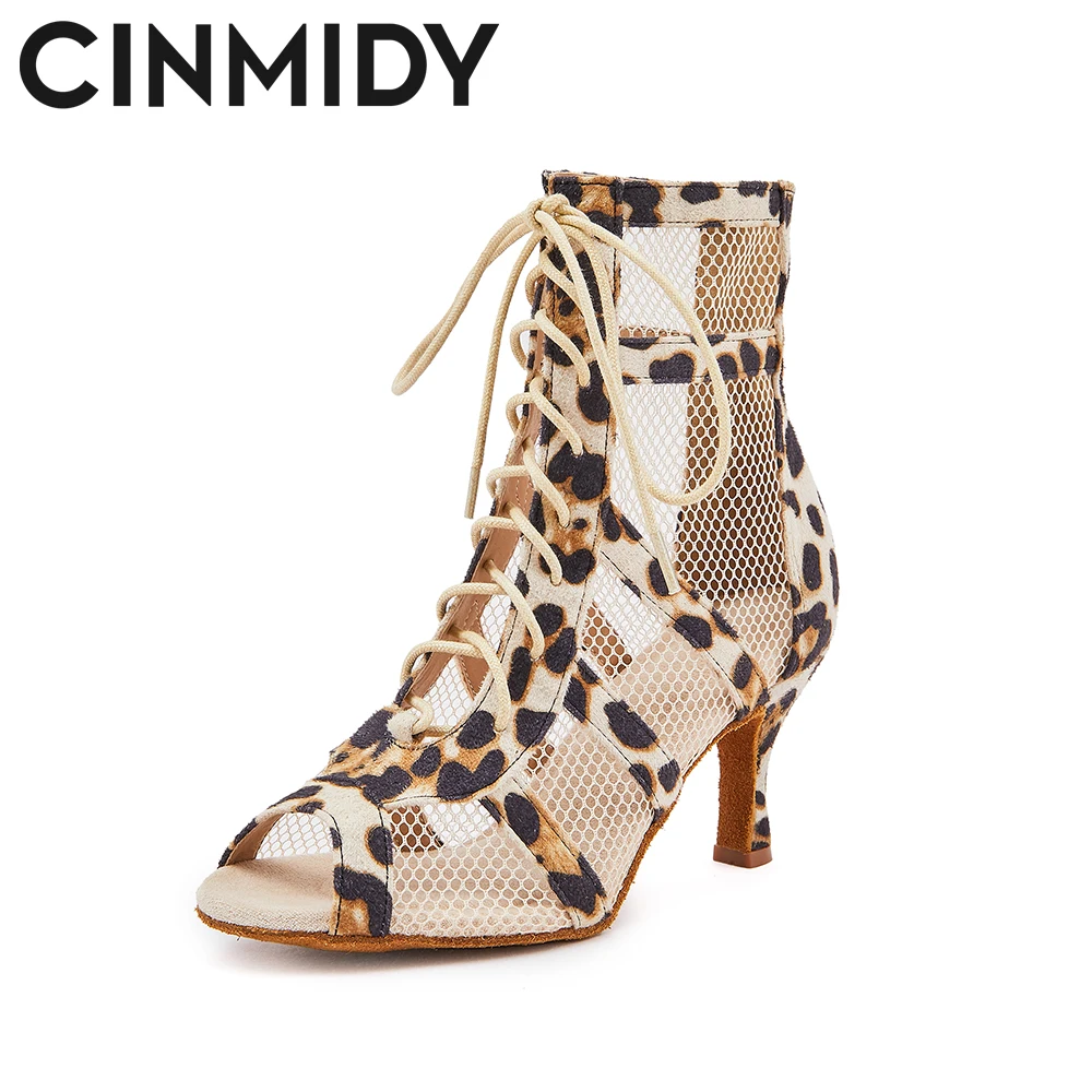 CINMIDY Women's High Top Latin Dance Shoes Sexy Mesh Leopard Print Ballroom Pole Jazz Dance Boots Cuban Heel ﻿