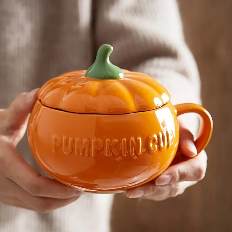 Description Picture 4 of item(1pc)Pumpkin Creative Personality Trend Water Cup Ceramic Scoop with Lid Breakfast Oat Mug High Beauty Cute Girl