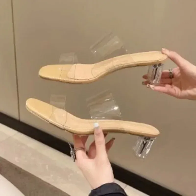 Summer Transparent High Heels Women Square Toe Sandals Woman Clear High Pumps Wedding Party Jelly Shoes Heels Slippers