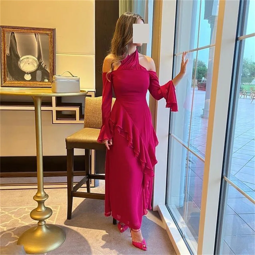 

Off the Shoulder Pleat Prom Gown Long Flare Sleeves Ankle Length Evening Dresses Backless Party Dress فساتين للحفلات الراقصة