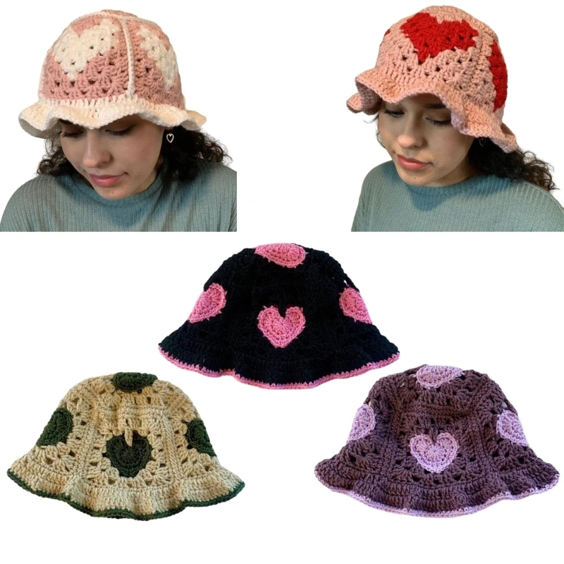 

Elegant Heart Bucket Hat Handwoven Breathable Crochet Hat Holiday Decors Vacation Hat Western Cloches Style