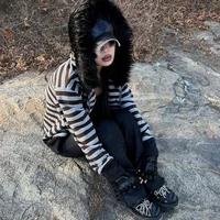 Goth Esthétique Femmes Sweat À Capuche Harajuku Rétro Y2K Emo Fille Col De Fourrure Cardigan Sweat Rock Punk Hip Hop Décontracté Lâche Streetwear 2