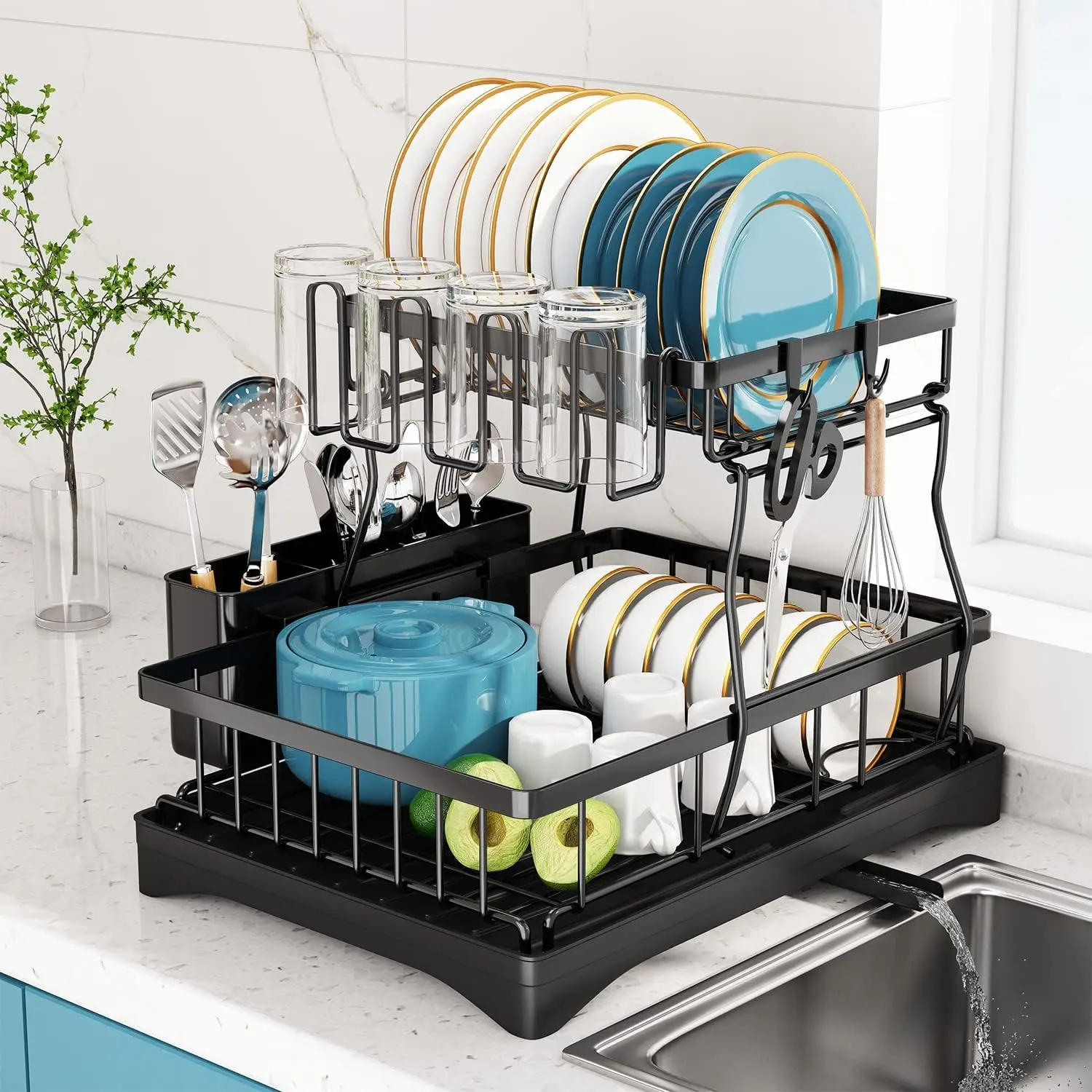 2-Tier Kitchen Shelf with Removable Strainer and Utensil Holders, Stainless Steel