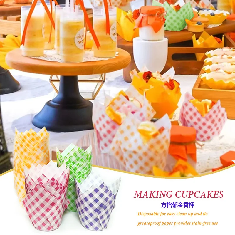 

50Pcs Checkered Tulip Cake Paper Cup Wedding Party Caissettes Tulip Muffin Cupcake Paper Cup Oilproof Pastry Cake Wrapp Cases