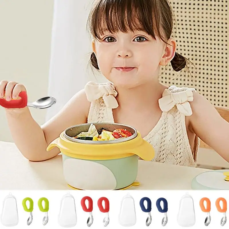 

Stainless Steel Feeding Fork Short Spoon Set Silicone Handle Infant Dinnerware Eating Training Utensils Tableware feeding tool