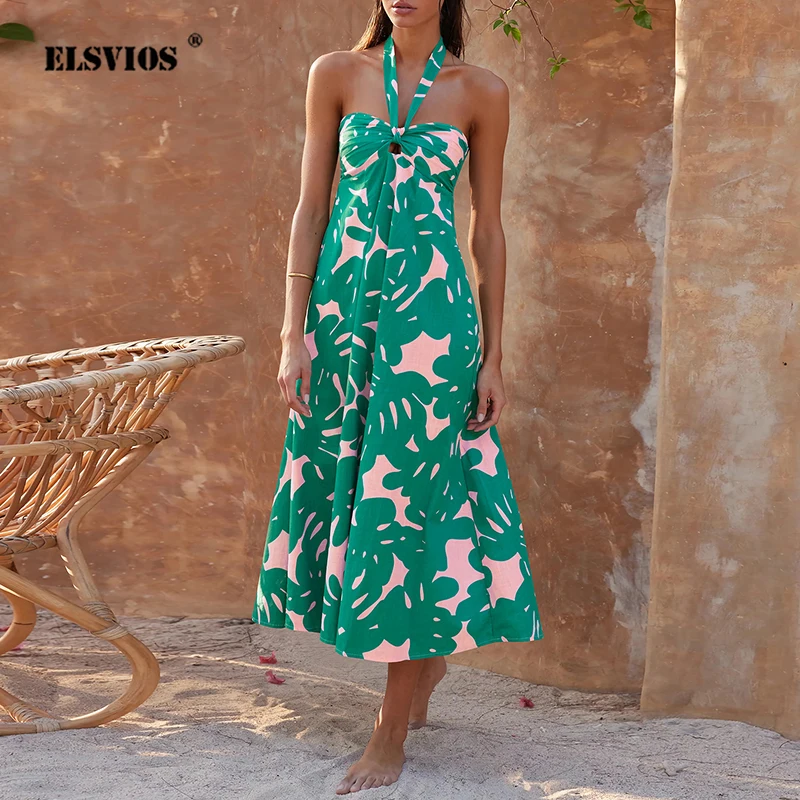 

Plant Flower Series Women's Hanging Neck Printed Dress Sexy Bohemian Style Pleated Slim Fit Elegant A-line Skirt 2024 Summer New