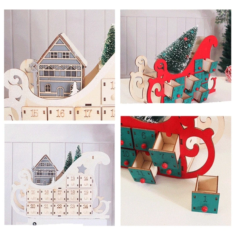 Tree House Sleigh Wooden Advent Calendar Countdown Christmas Party Decor 24 Drawers with LED Light Ornament