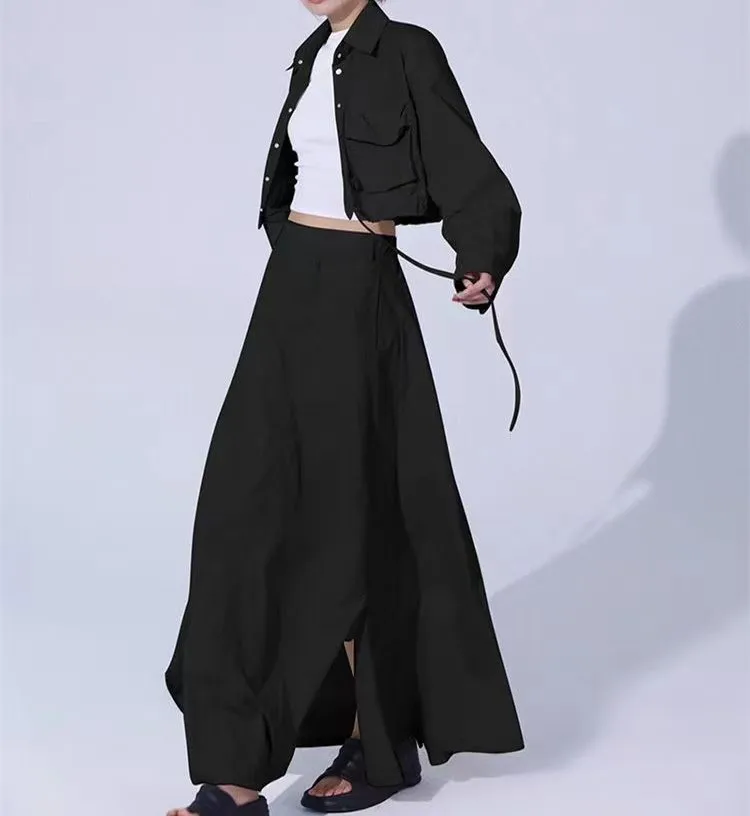 

Korean Button Up T Shirt and Short Skirt Set High Waist Mid Length Ladies' 2 Pcs Suit Spring Fashion