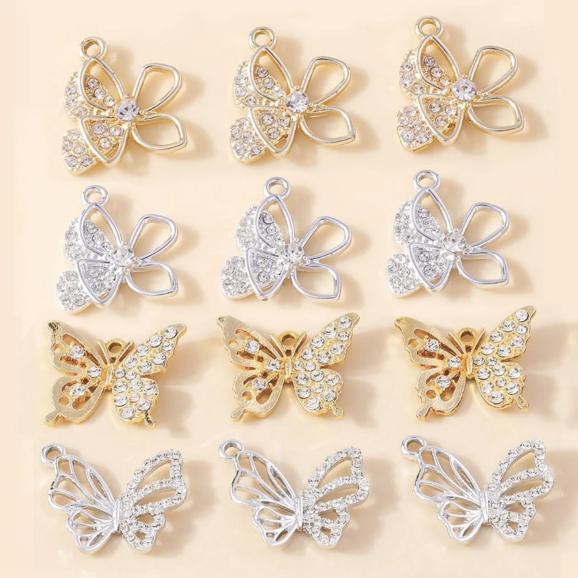 Leslie 10 Stück zarte Gold-Silber-Farbe, Kristall-Schmetterlings-Charm-Anhänger für Ohrringe, Halsketten, Damen, Schmuckherstellung, Zubehör
