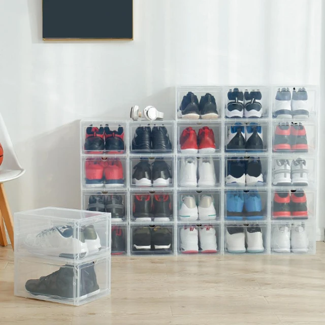 Caja transparente para zapatos, organizador de plástico plegable a prueba  de polvo, apilable, combinado, estilo cajón - AliExpress