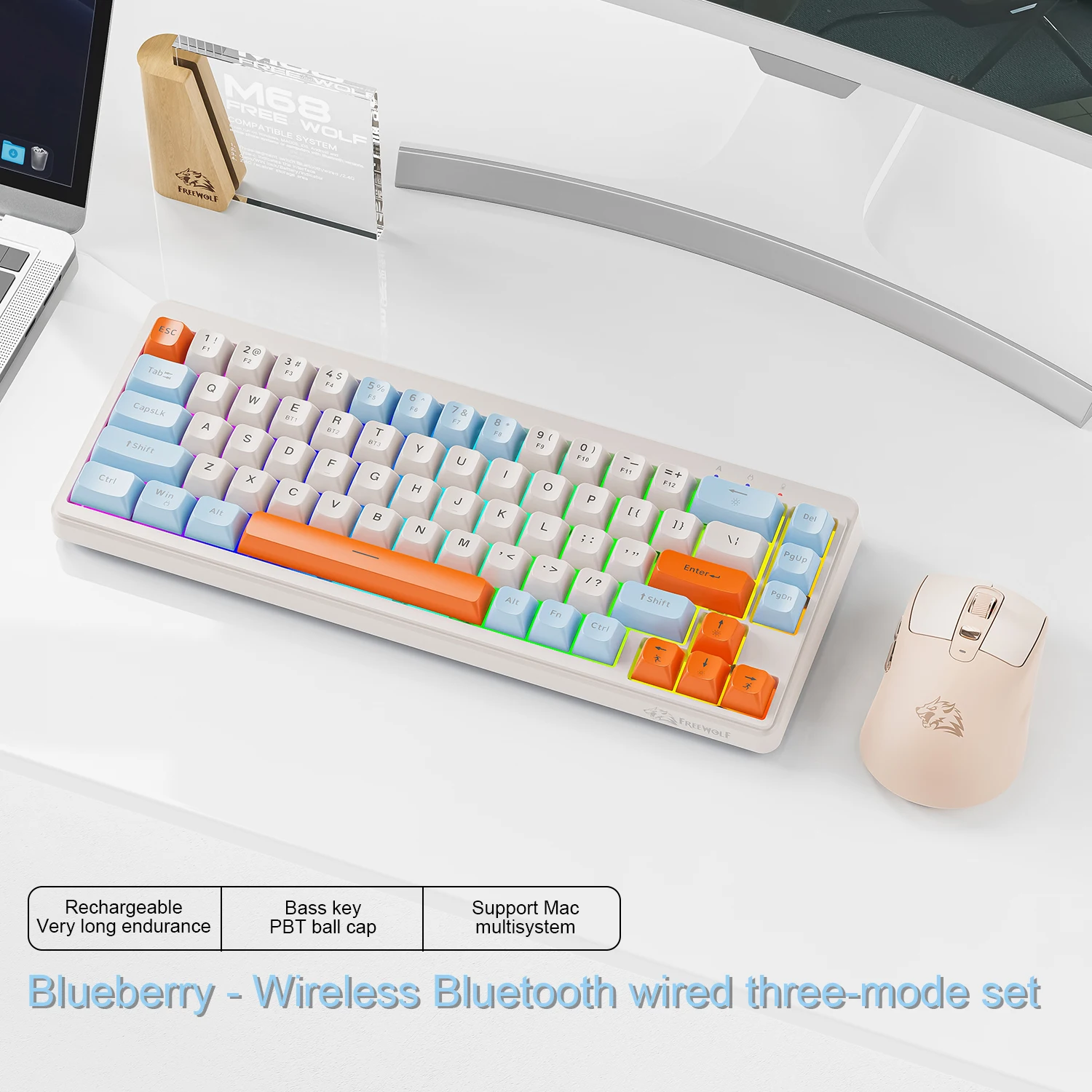 FREEWOLF M68 미니 무선 키보드 및 마우스 세트, 무음, 트라이 모드 Bluetooth, PBT, 백라이트, 업무용 키보드 및 마우스 콤보