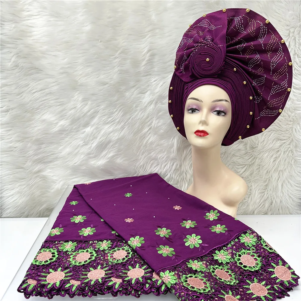 

5 Yard Skin Soft Guipure Edge Cotton Tulle Fabric Embroidered Gold Beaded Sego Hat Aso-Ebi Nigerian Swiss Voile Lace CT1331