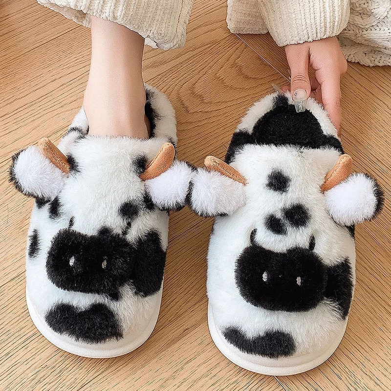 Furry Cartoon Cow Home Slippers Women Winter Indoor Thick Bottom Women's Cotton Slippers Closed Toe Cute Plush Slides Mujer