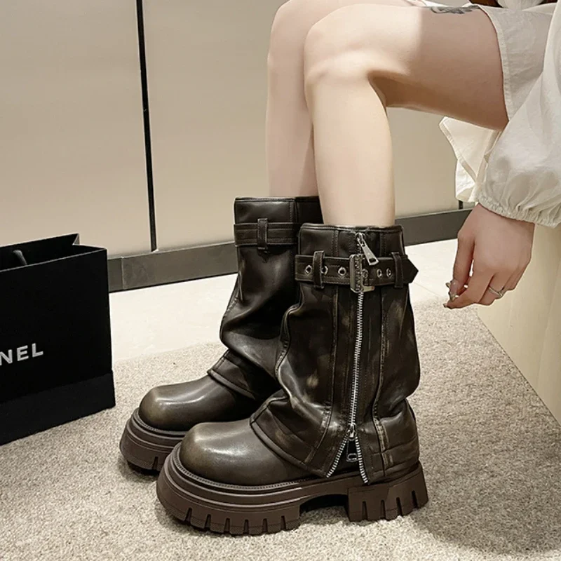 

Женские дизайнерские ботинки на толстой подошве, коричневые водонепроницаемые Нескользящие готические ботинки до середины икры в стиле панк, 2023