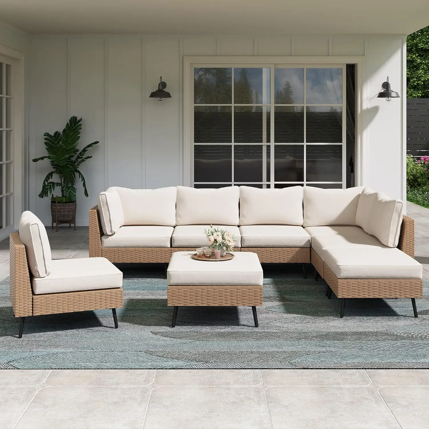 

6/8pcs Outdoor Sectional Sofa PE Rattan Wicker Patio Conversation Sets,All Weather Patio Furniture Set with Thick Cushions