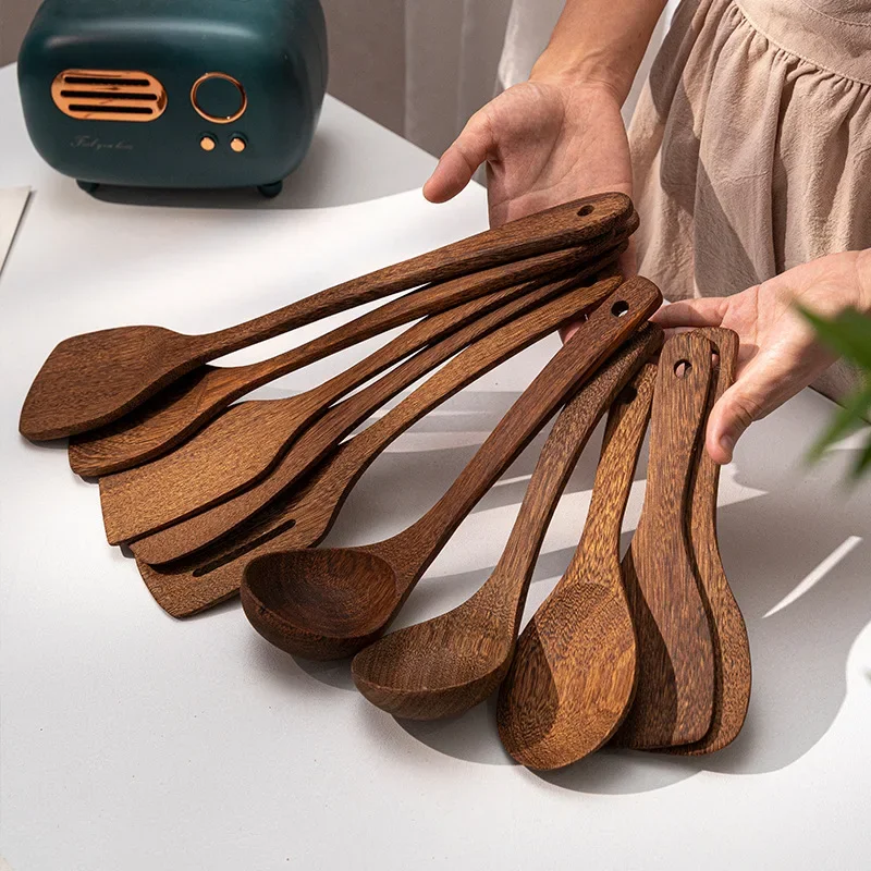 Kitchen Household Non-stick Wooden Spatula Heat-resistant Cooking Spatula Wood Tableware Spoon Ladle Turner Long Rice Colander