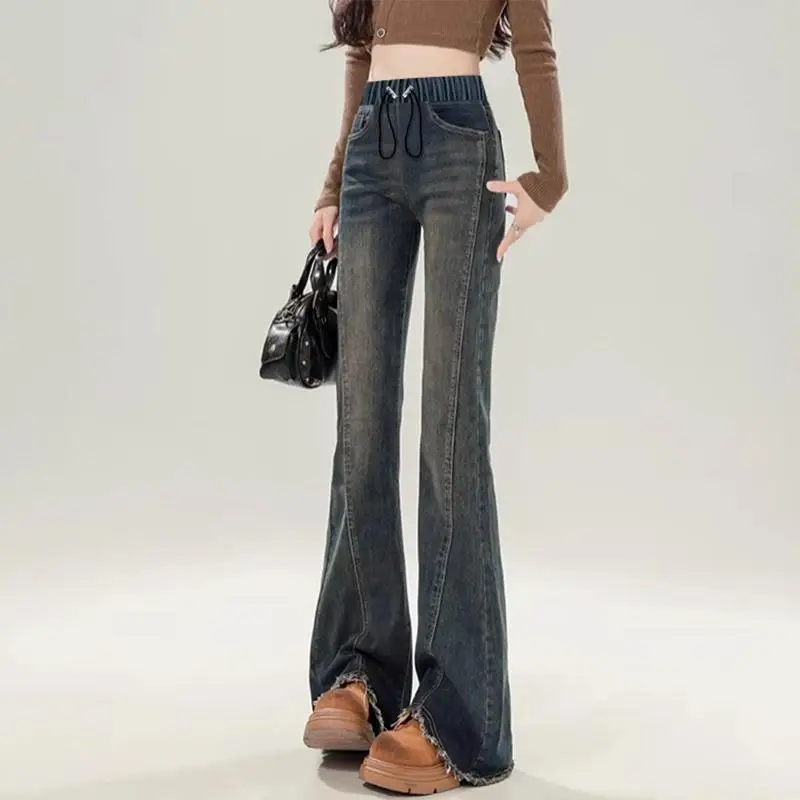 임산부용 벨보텀 청바지 봄 가을 아웃웨어 드로스트링 탄성 슬리밍 프레이드 사이드 스플릿 롱 팬츠