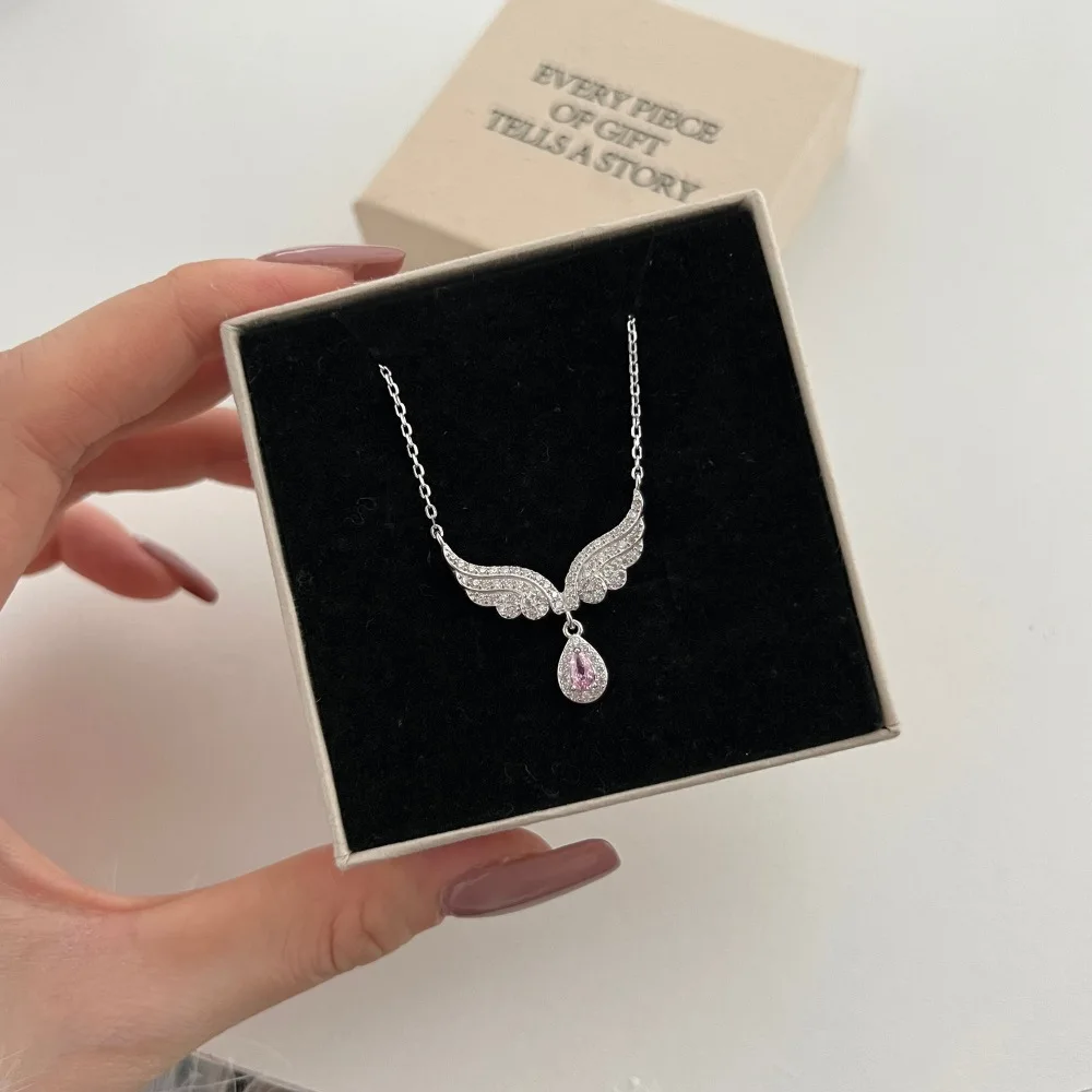 XUYUANFEN Cross Border New S925 Sterling Silver Necklace Women's Full Zircon Set Wings Droplet Pendant Luxury Wedding