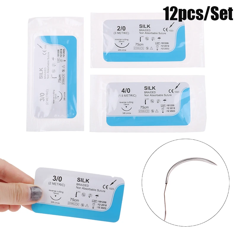 12PCS 75cm 2/0 3/0 4/0 Dental Surgical Needle Silk Medical Thread Suture Surgical Practice Kit